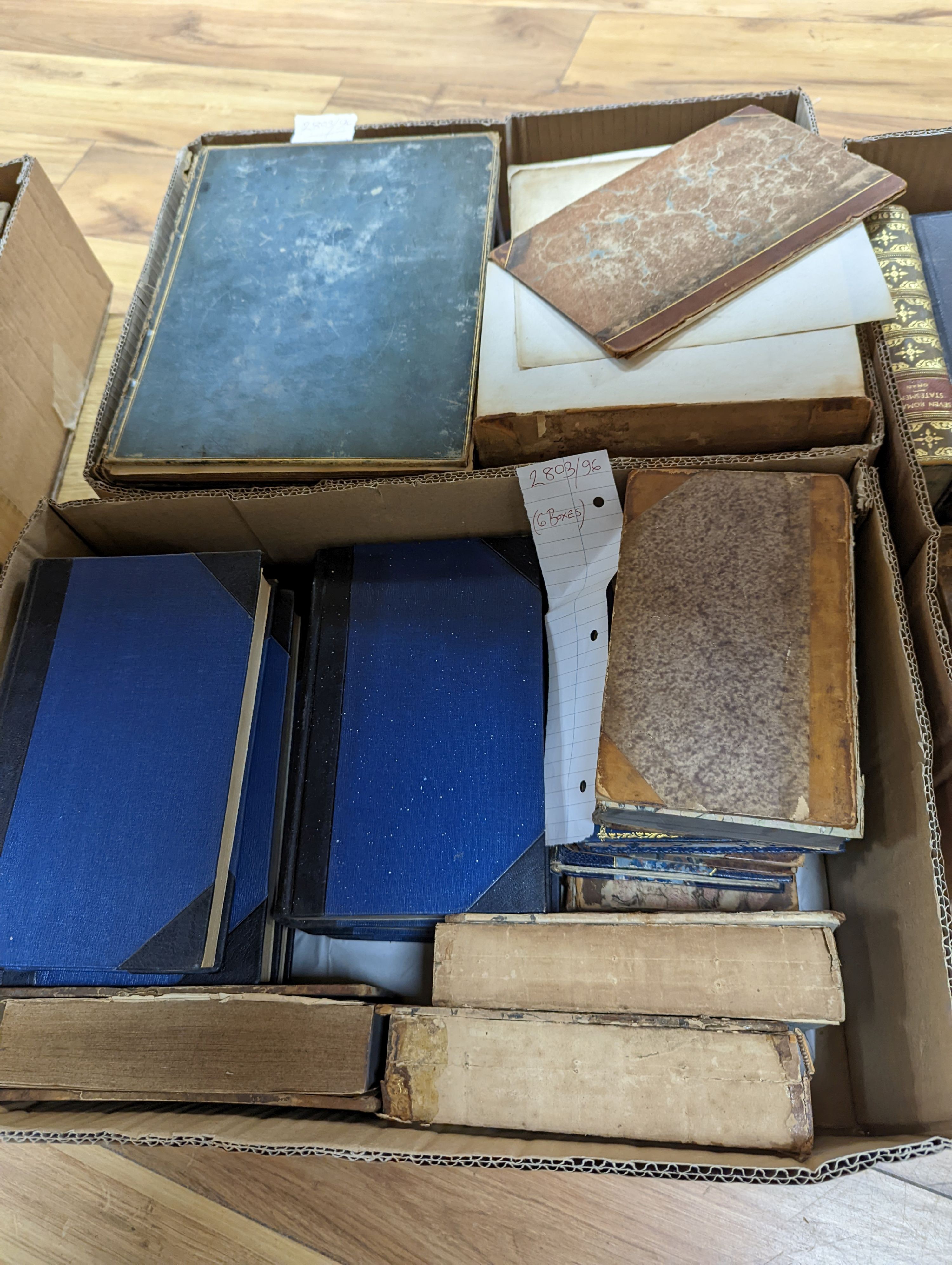Old Leather - a quantity of antiquarian volumes, various dates and bindings, approx. 90 in total, in 6 boxes.